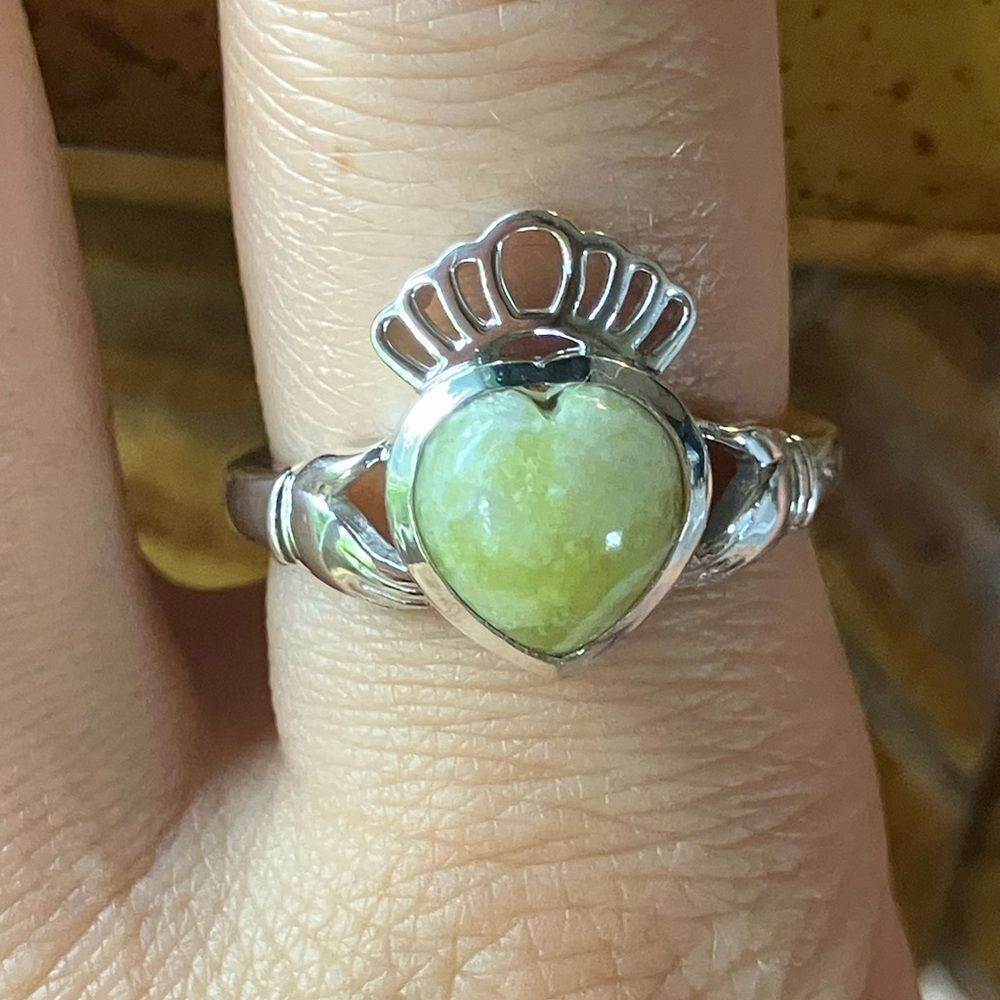 Natural Connemara Marble Sterling Silver Claddagh Ring Size 9